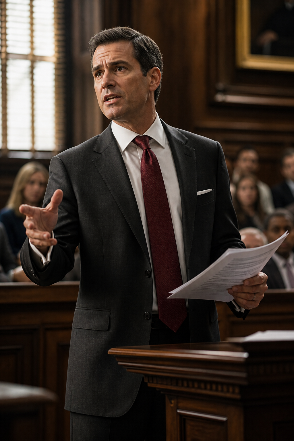 Adrian Hartwell confidently presenting an argument in the courtroom