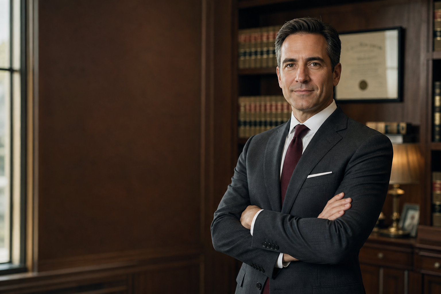 Attorney Adrian Hartwell standing confidently in his law office