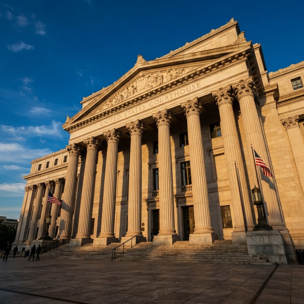 Classical courthouse columns against a blue sky